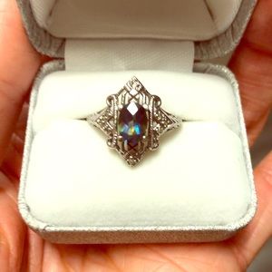 Marked 10 K White Gold Mystic Topaz Ring Size 5.5
